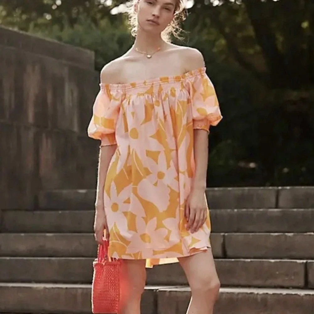 Free People Mila Floral Printed Mini Dress in Tangerine Combo Size Medium NWOT - Picture 1 of 4